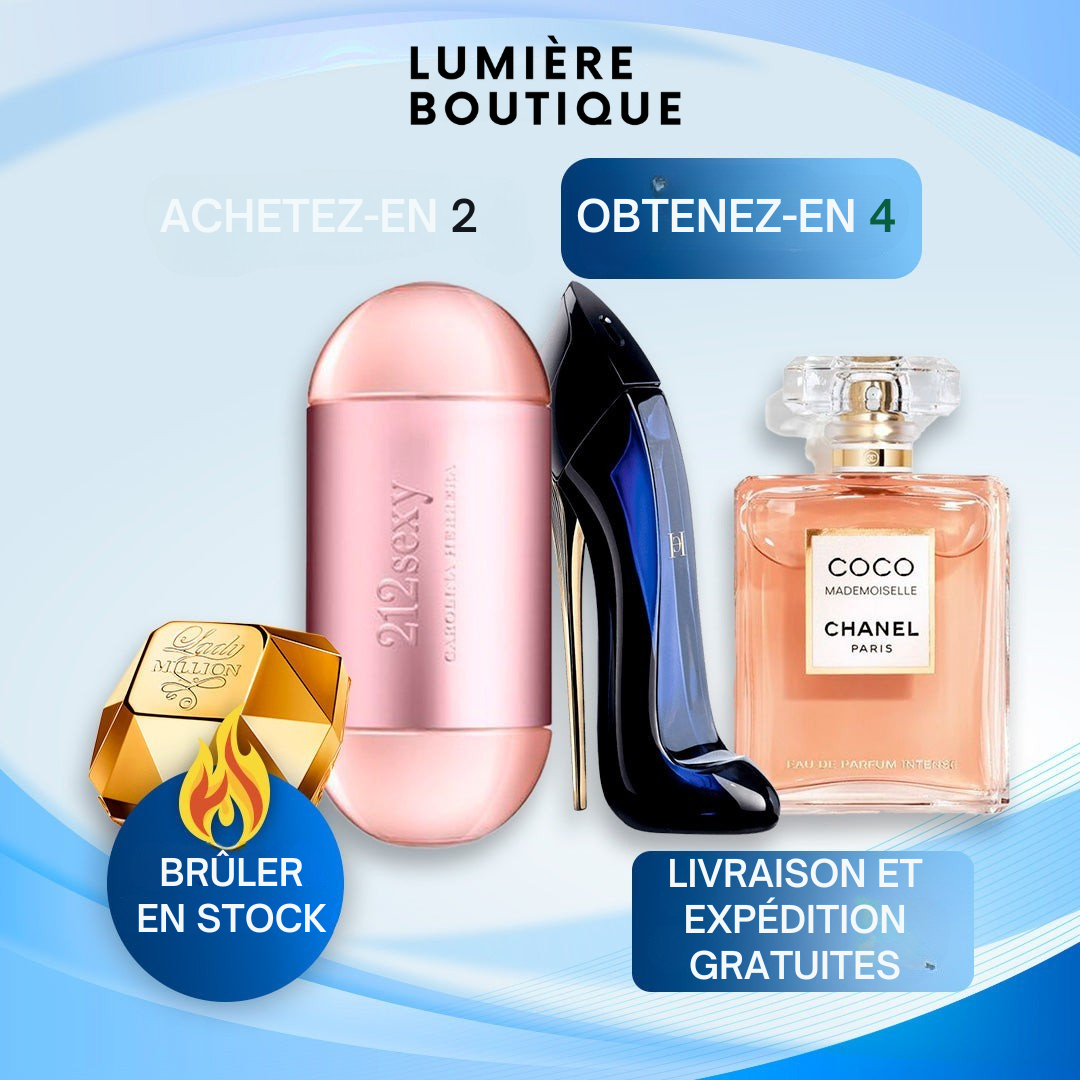 4 Parfums Femme (100ml) - Mademoiselle | Bonne fille | Dame Million | 212 VIP Sexy (Boutique Lumière 5 ans)