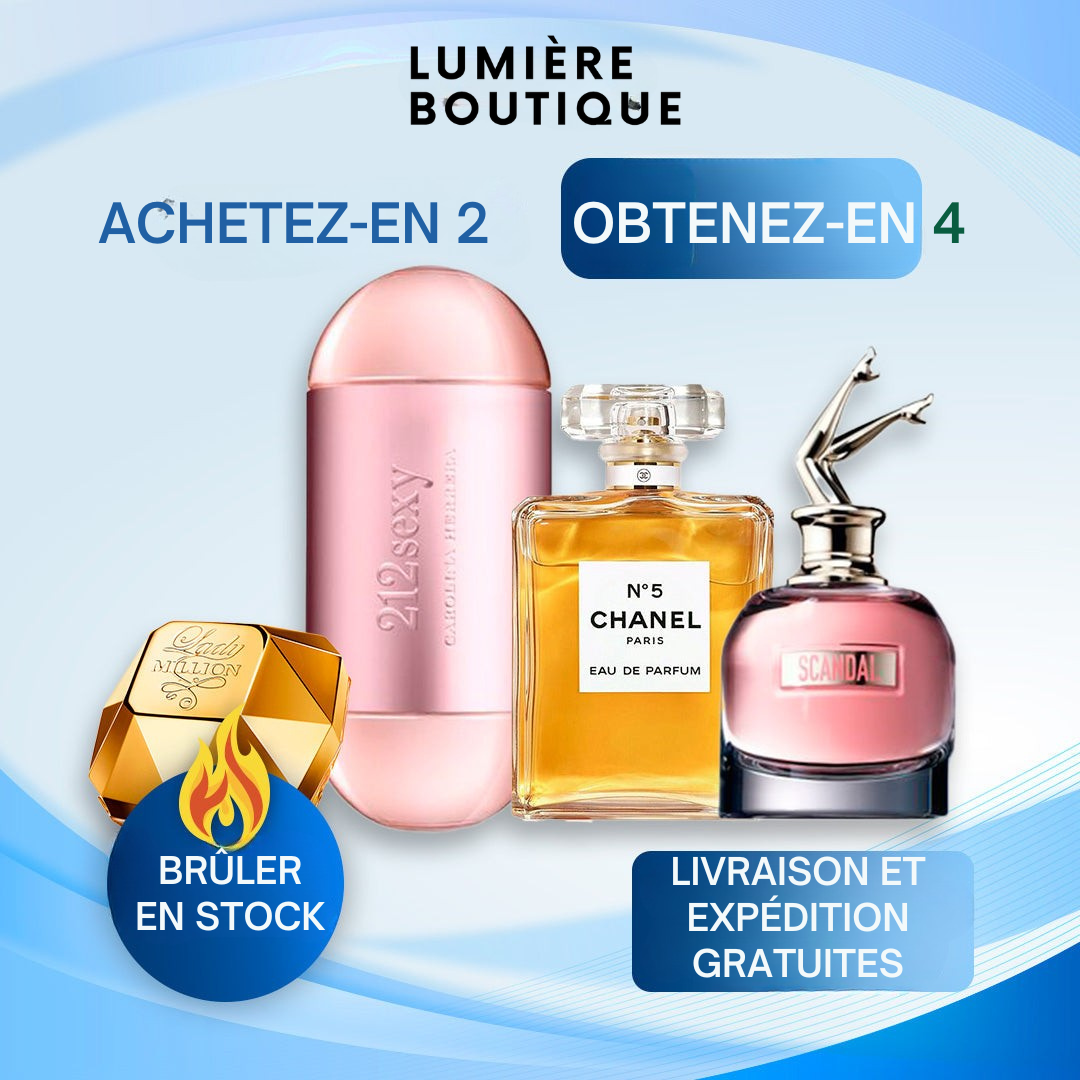 4 Parfums Femme (100ml) - Chanel 5 | Scandale | 212 VIP Sexy | Lady Milion (Lumiére Boutique depuis 5 ans)