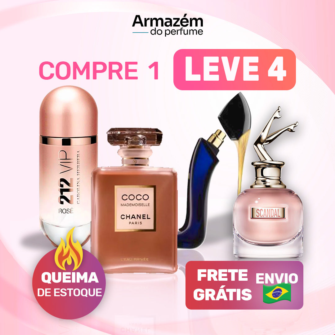 Combo 4 Perfumes Femininos Importados (100ml) - 212 VIP Rosé | Chanel Nº 5 | Good Girl | Scandal | (5 Anos Armazém do Perfume)